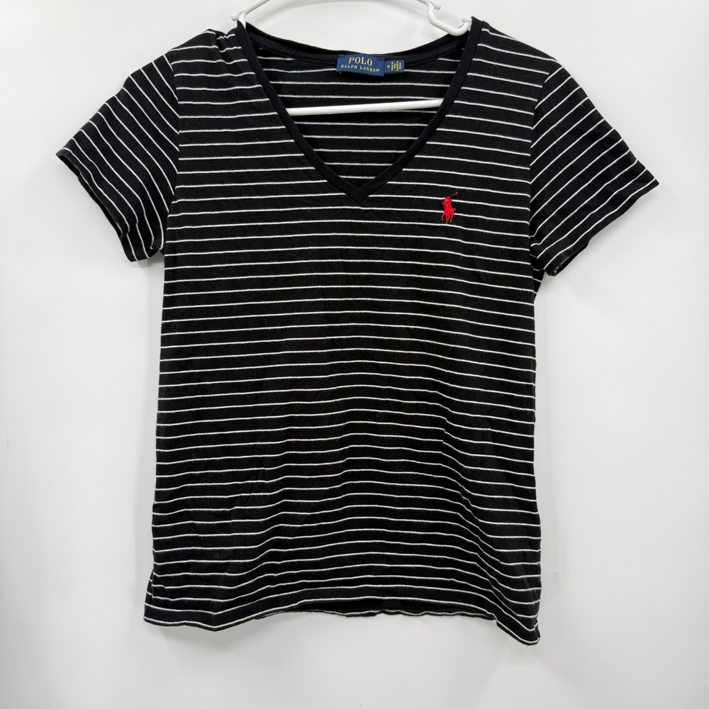 Polo by Ralph Lauren Black & White Striped V-Neck Tee with Red Pony